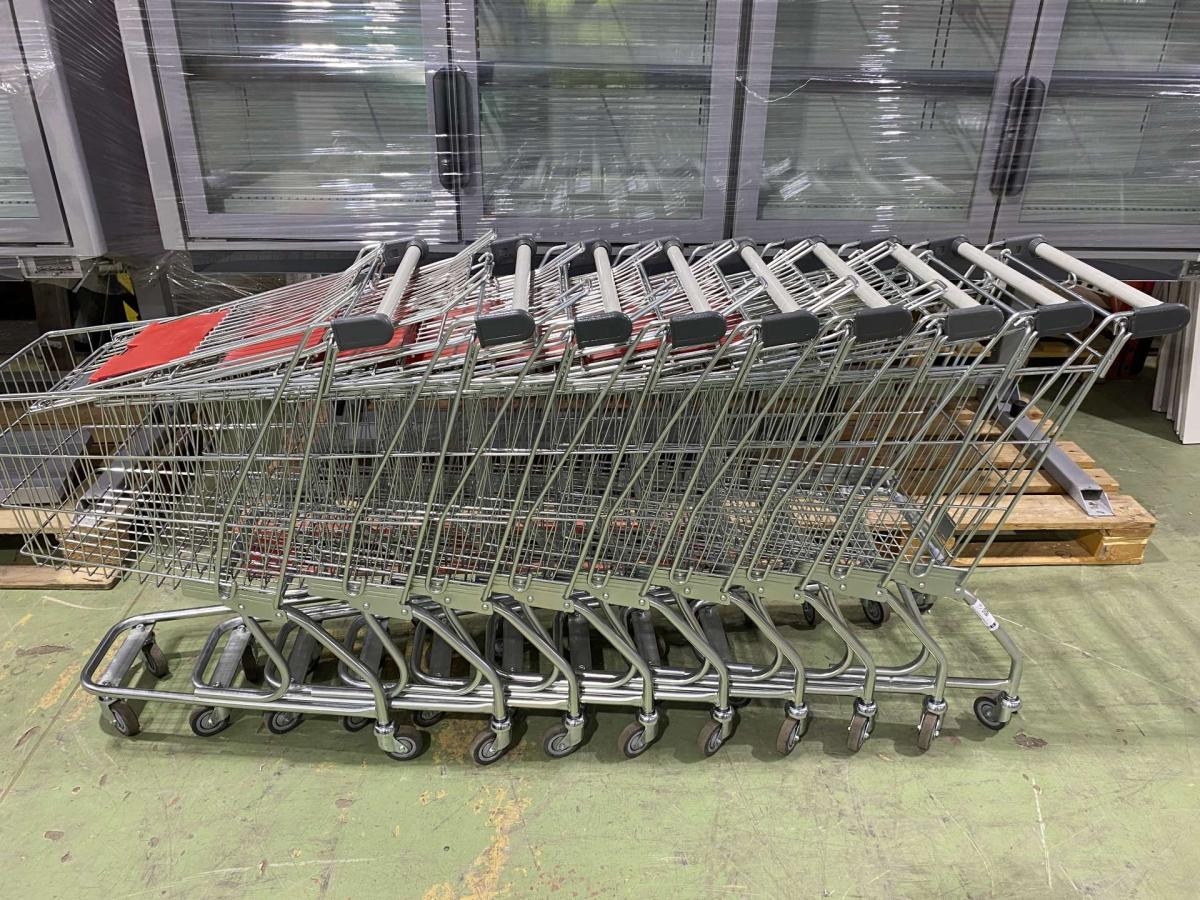 Felújított BUKO bevásárlókocsi szürke műanyagokkal 50 L – termékfotó elölnézet