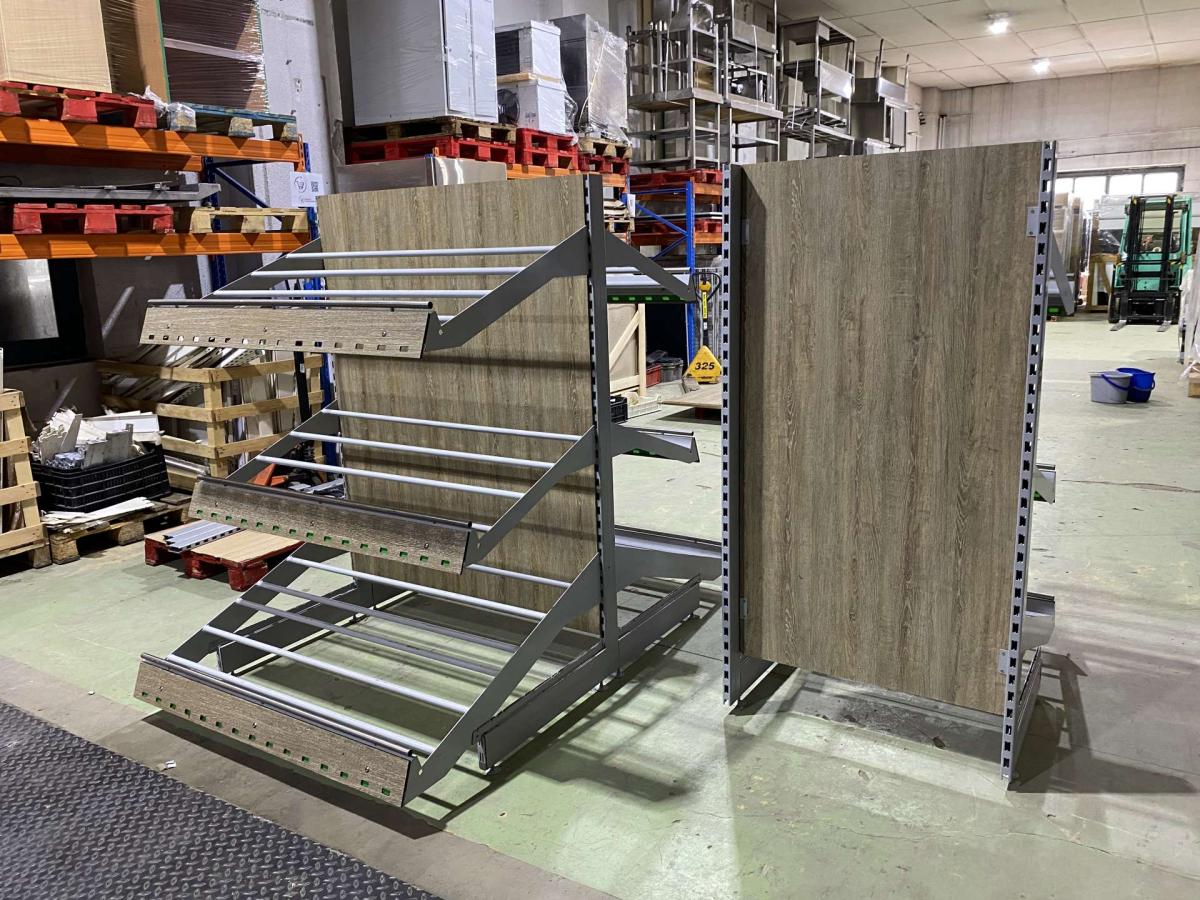 Zöldséges faliregál, vagy gondola sorolható, Tegometall – termékfotó 45° nézet