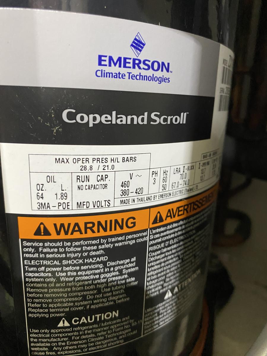 Copeland Scroll ZXLE-060E-TFD-454 aggregát – termékfotó hátulról
